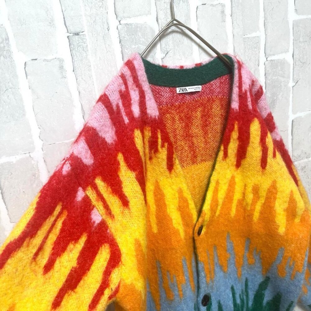 ZARA V-Neck Brushed Shag Cardigan, Vibrant Multicolor All-Over Print, Sz S-M - Picture 8 of 11